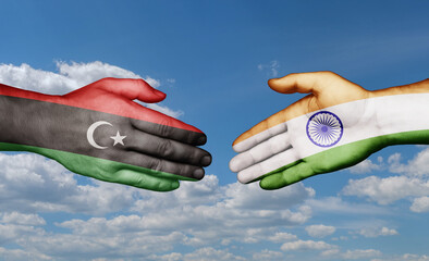 India and Libya country handshaking with flags, consensus concept international co-operation illustration