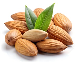 Almond nuts with green leaves isolated on white background close up.