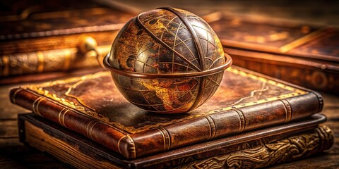 A majestic globe, swathed in intricate patterns, sits proudly at the heart of a worn leather binding, emitting a sense of sage wisdom and forgotten lore.