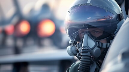 Fototapeta premium Close-up of a pilot in a high-tech helmet with aviation gear, ready for a mission with jets in the background.