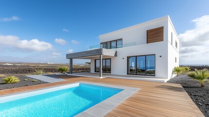 A large white house with a pool and a patio