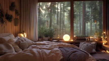Cozy bedroom setup with a large window overlooking a forest, warm lighting, and soft bedding.