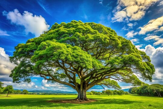 A majestic koa wood tree stands tall, its broad trunk and vibrant green leaves against a serene tropical landscape.