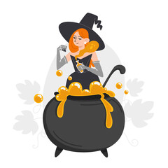 Red Haired Witch in Hat Brewing Poisonous Potion in Cauldron