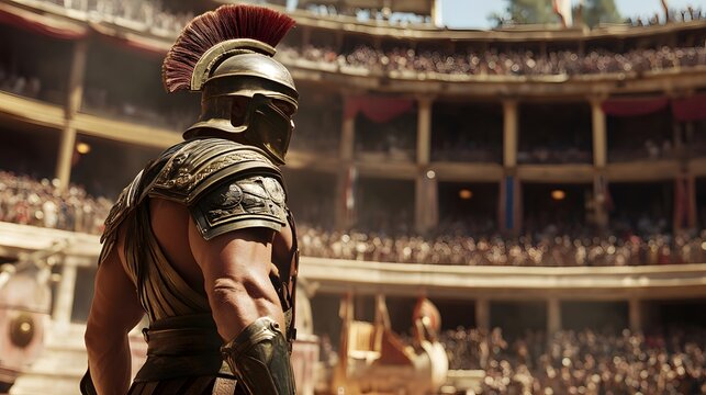 7. An ancient gladiator in full armor, ready to fight in a grand arena filled with spectators