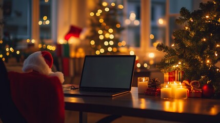 A bright office decorated for Christmas. A laptop sits on a desk, with a Santa hat and candles adding holiday cheer.