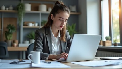 Fototapeta premium Businesswoman Working on Laptop: Determined Professional in Modern Office with Natural Light