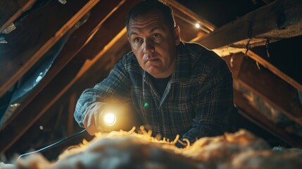 Man inspecting the attic with a flashlight, wearing a flannel shirt. Wooden beams and insulation visible.