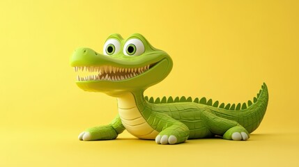 Fototapeta premium A cheerful cartoon crocodile with a long snout, isolated on a pastel yellow background
