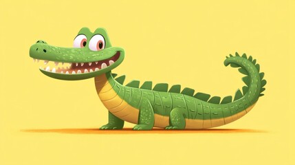 Fototapeta premium A cheerful cartoon crocodile with a long snout, isolated on a pastel yellow background