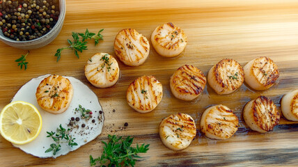 Grilled scallops served on a wooden board with lemon and herbs, accompanied by a bowl of peppercorn sauce.