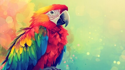 Obraz premium A colorful cartoon parrot with vibrant feathers, isolated on a pastel green background