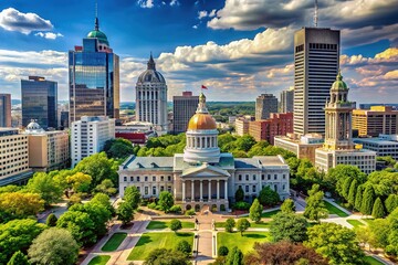 Obraz premium A majestic statehouse building stands tall, surrounded by lush greenery and modern skyscrapers, with a vibrant street scene unfolding below.