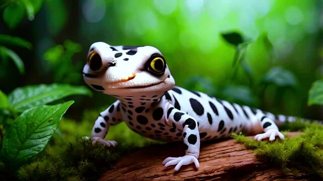 a cute leopard gecko with black and white spots. It has very big eyes and a big head and lives in the forest.
