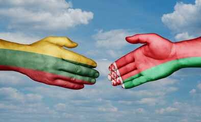 Belarus and Lithuania country handshaking with flags, consensus concept international co-operation illustration