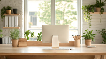A modern workspace featuring sleek computer on wooden desk surrounded by various indoor plants. bright, airy atmosphere is enhanced by natural light streaming through large windows, creating refreshin