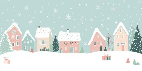 A charming winter scene featuring colorful houses blanketed in snow, surrounded by trees and falling snowflakes. festive atmosphere is enhanced by presents and serene, pastel backdrop