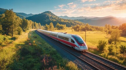 Fototapeta premium High-speed train traveling through picturesque landscape, representing fast and efficient transport
