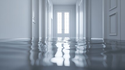 Flooded hallway with water damage visible on the walls, a visual representation of indoor flooding.