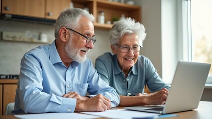 Elderly Couple Using Laptop Together: Senior Spouses Embracing Technology for Online Activities in Modern Kitchen Setting