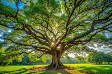 Obraz premium A majestic tree rises tall, its trunk swaying softly in the breeze, shrouded by a green canopy amidst a peaceful natural setting.