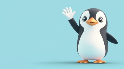 Fototapeta premium A cute cartoon penguin waving, isolated on a pastel blue background