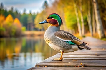 A male green-winged teal duck rests on a wooden dock, surrounded by tranquil water and a lush forest, blending into the serene atmosphere.