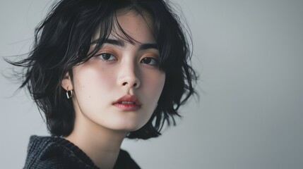 Portrait of a Young Woman with Short Dark Hair, Soft Lighting, and Neutral Expression, Perfect for Lifestyle, Fashion, and Beauty Themes