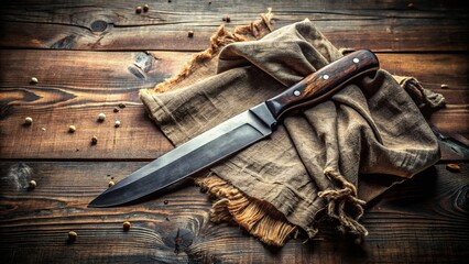 A menacing knife sits on a worn table, its blade angled for death, surrounded by torn fabric scraps and a sense of violence.