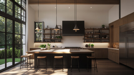 Modern kitchen design with large windows, wooden accents, and open shelving. space features central island with bar stools, creating warm and inviting atmosphere