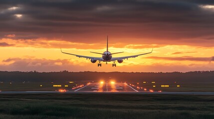 A plane lands on a runway at sunset.