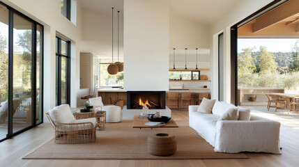 Fototapeta premium A modern living room featuring cozy atmosphere with white sofa, rattan chairs, and warm fireplace. Natural light floods space, enhancing serene ambiance