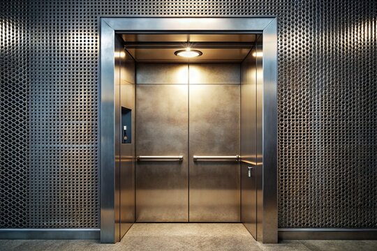 A metallic elevator door partially opens, revealing a dimly lit shaft with a mesh railing and concrete walls below.