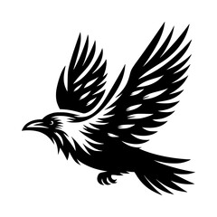 Vector logo of a flying raven. black and white illustration of a crow isolated on white background. can be used as a tattoo, emblem, logo.
