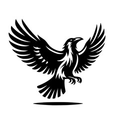 Vector logo of a flying raven. black and white illustration of a crow isolated on white background. can be used as a tattoo, emblem, logo.