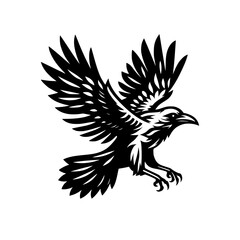 Vector logo of a flying raven. black and white illustration of a crow isolated on white background. can be used as a tattoo, emblem, logo.