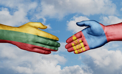 Mongolia and Lithuania country handshaking with flags, consensus concept international co-operation illustration