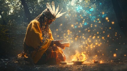 Fototapeta premium 10. A powerful shaman conducting a ritual in a sacred grove filled with glowing spirits