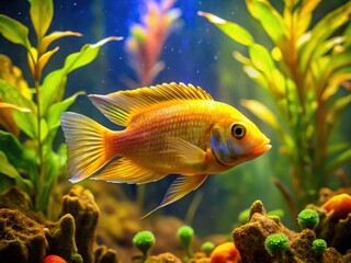 Obraz premium A midas cichlid glides effortlessly in a circular aquarium, its rounded body shimmering with gold, orange, and yellow hues within a canvas of flowing water.