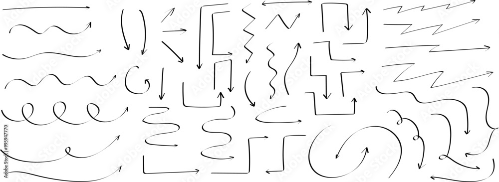 Poster Set of hand-drawn arrows, circles and lines. Collection of hand drawn arrows on a transparent background. Arrow icons