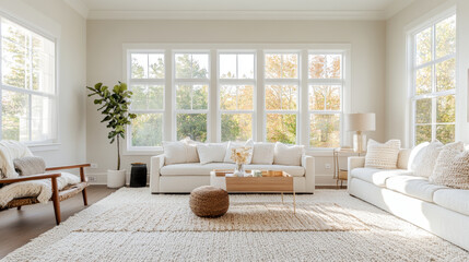 Fototapeta premium A bright and airy living room featuring large windows that let in natural light, cozy sofa, and stylish coffee table. space is adorned with plants and soft textures, creating warm atmosphere