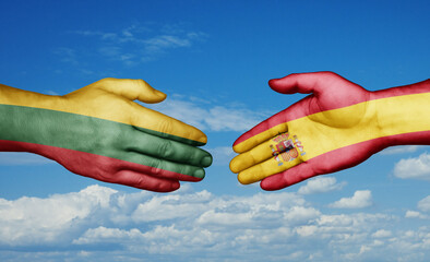 Spain and Lithuania country handshaking with flags, consensus concept international co-operation illustration