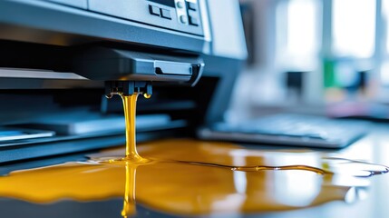 Leaking toner from a cracked cartridge causing a spill on a desk near an office printer.