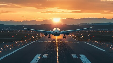 Fototapeta premium A plane lands on a runway at sunset.