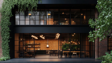 Fototapeta premium A modern industrial kitchen with large glass windows showcases stylish interior filled with greenery. warm lighting and open space create an inviting atmosphere for gatherings