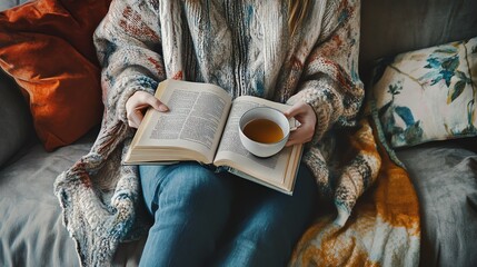 A cozy scene featuring a person reading a book while sipping tea, wrapped in a warm blanket on a comfortable couch.