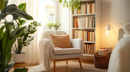 A cozy reading nook featuring comfortable chair, soft throw blanket, and bookshelf filled with books. warm sunlight creates serene atmosphere, perfect for relaxation