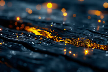 This captivating wallpaper features shimmering golden lights dancing on the surface of dark water, creating an enchanting atmosphere at twilight