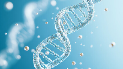 A detailed representation of DNA double helix structure, showcasing its intricate design against soft blue background. image captures essence of genetic material, emphasizing beauty of molecular biolo