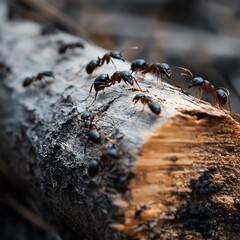 A close-up of ants working diligently on a log, showcasing their teamwork and natural behavior in a forest environment.